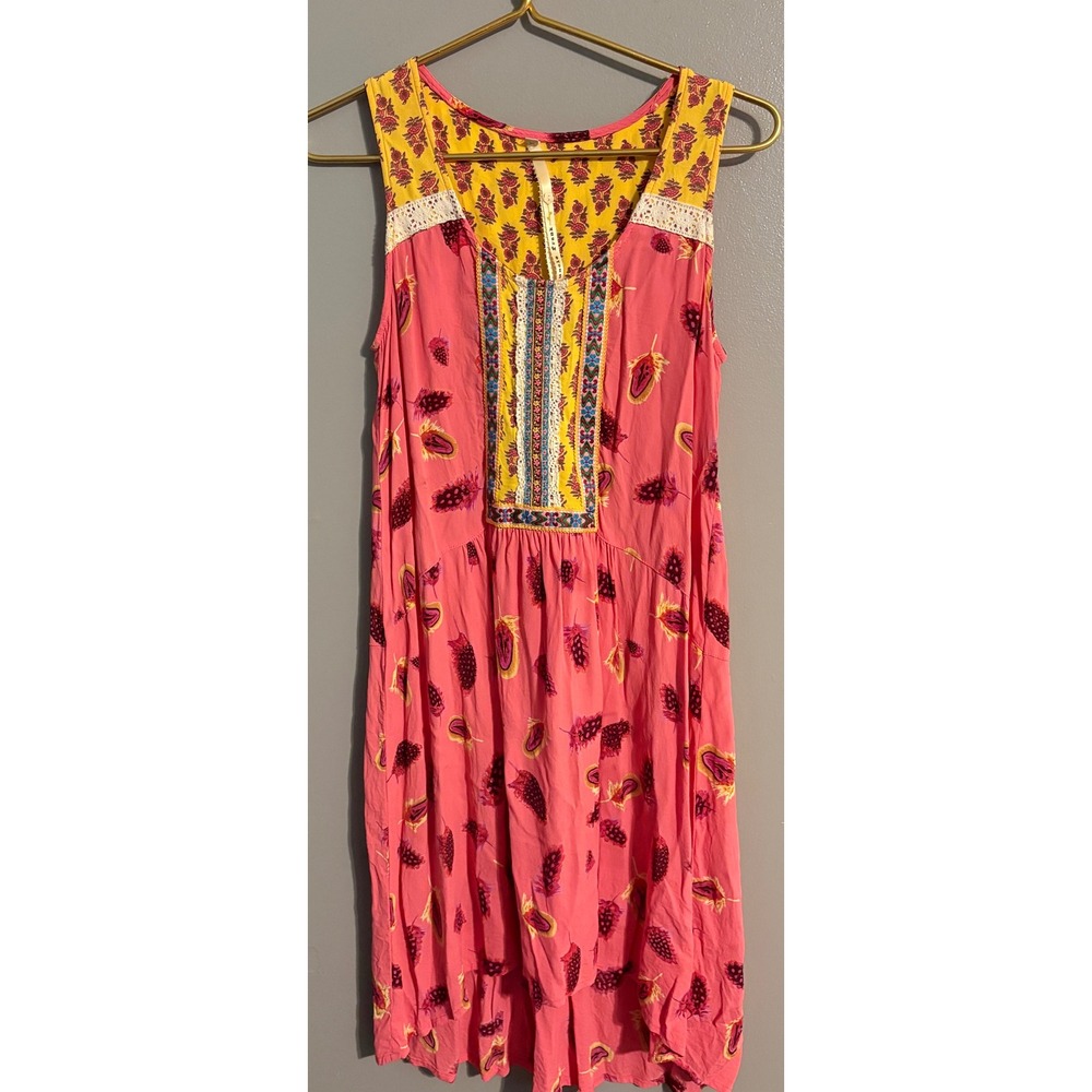Uncle Frank Pink Yellow Mixed Print Sleeveless Rayon Boho Dress 75032 Womens S